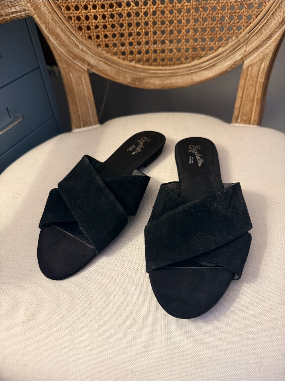 Seychelles Black Suede Crisscross Slide Mules